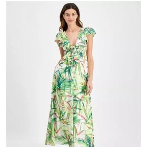 Taylor Green and Pink Leaf Print Midi Dress